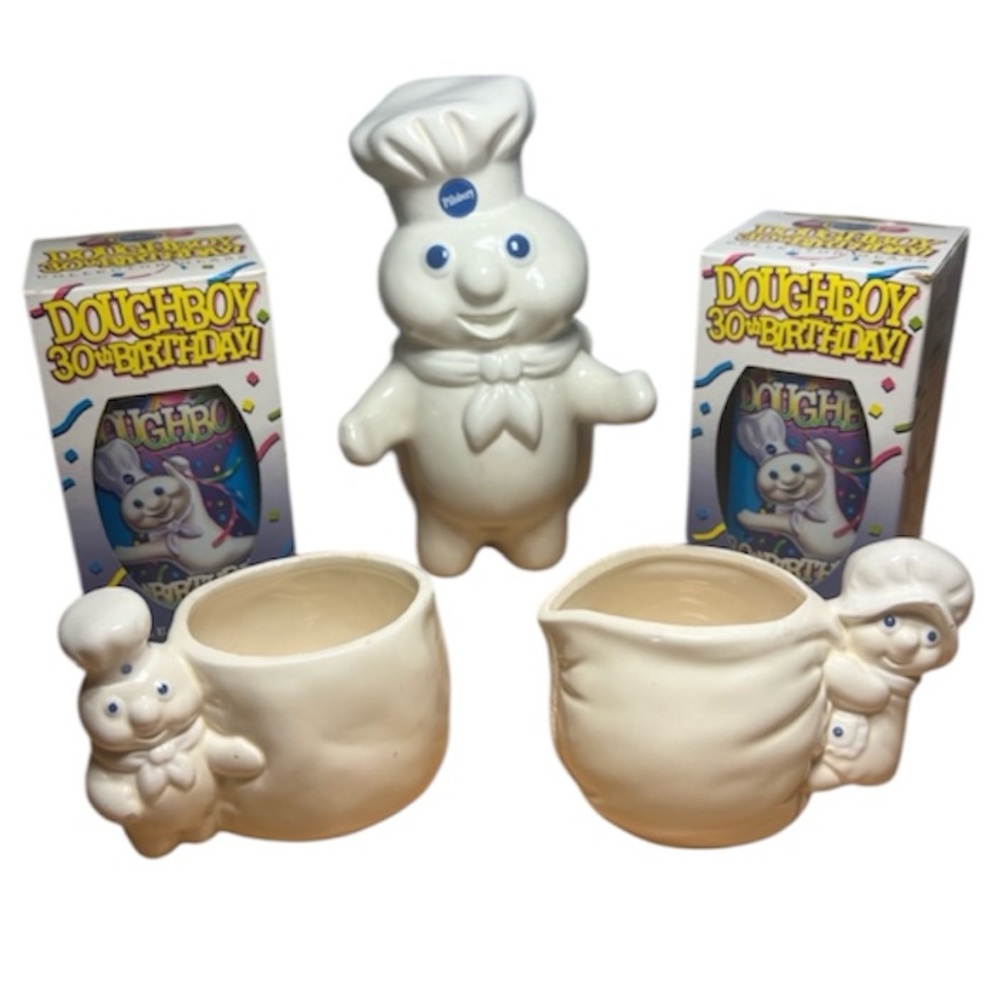 Pillsbury Doughboy 1988 Ceramic Utensil Holder, Cream & Sugar, Plastic Glasses